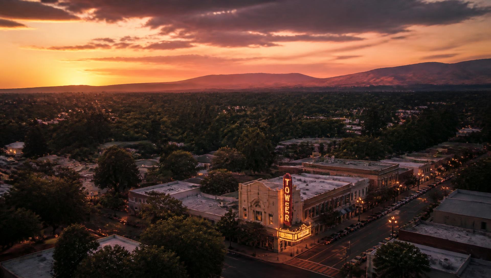 Aerial view of downtown Roseville, California at sunset